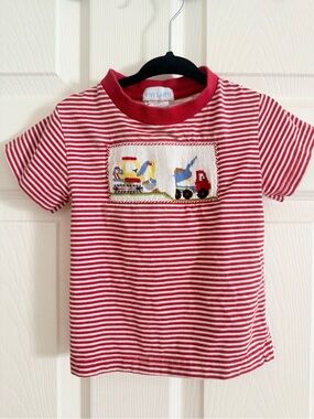 Red Striped patchwork construction trucks t shirt